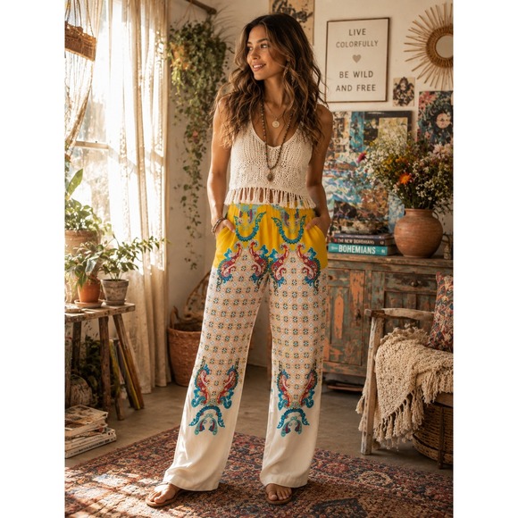 Taka Pants - Taka Pants Womens Small Paisley Straight Artsy Boho Whimsical Festive Casual